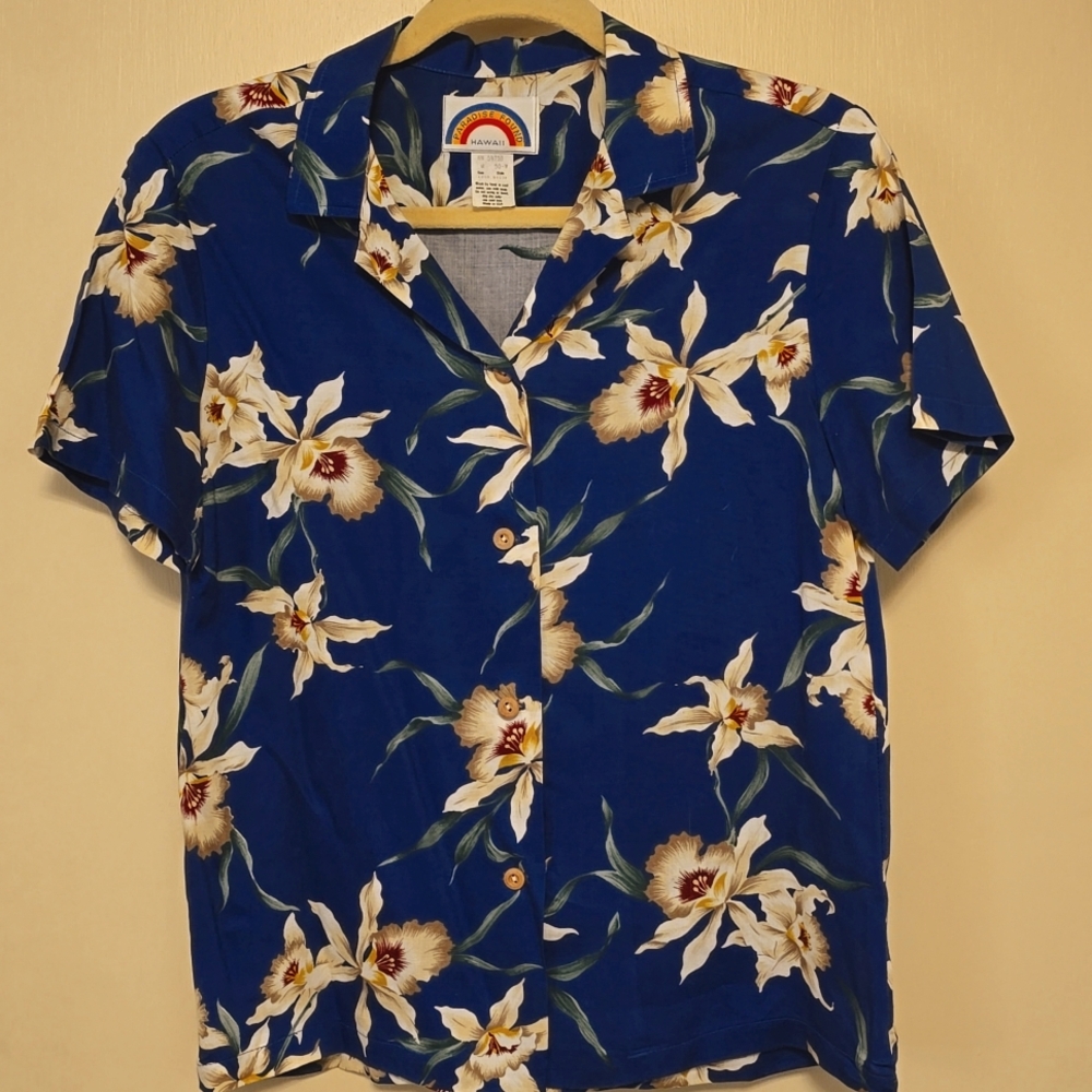 Paradise Found Vintage Hawaiian Shirt Star Orchid Navy Blue Magnum PI Men Medium